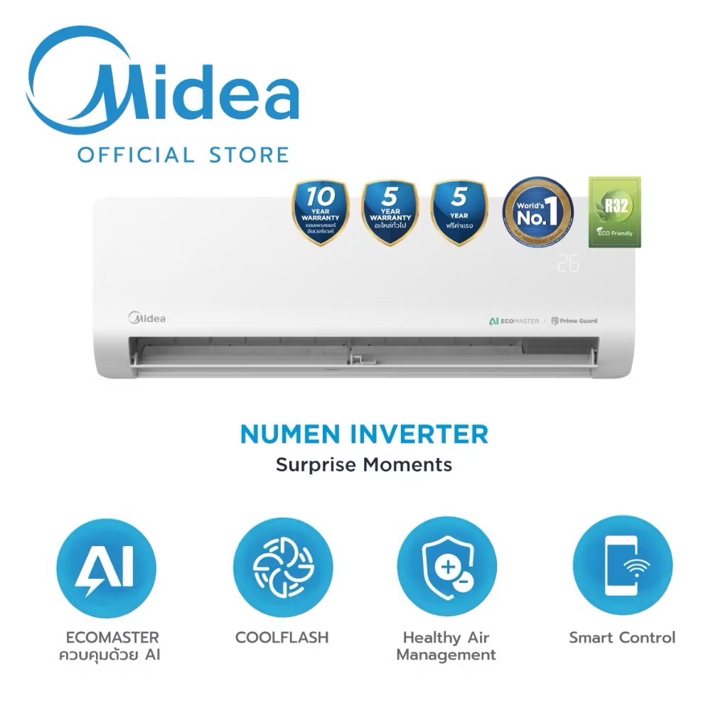 แอร์ Midea แอร์ติดผนังไมเดีย NuMen Inverter (MSNE-CRFN) รับประกันอะไหล่ 5 ปี คอมเพลส 10 ปี ฟรีค่าแรง 5 ปี